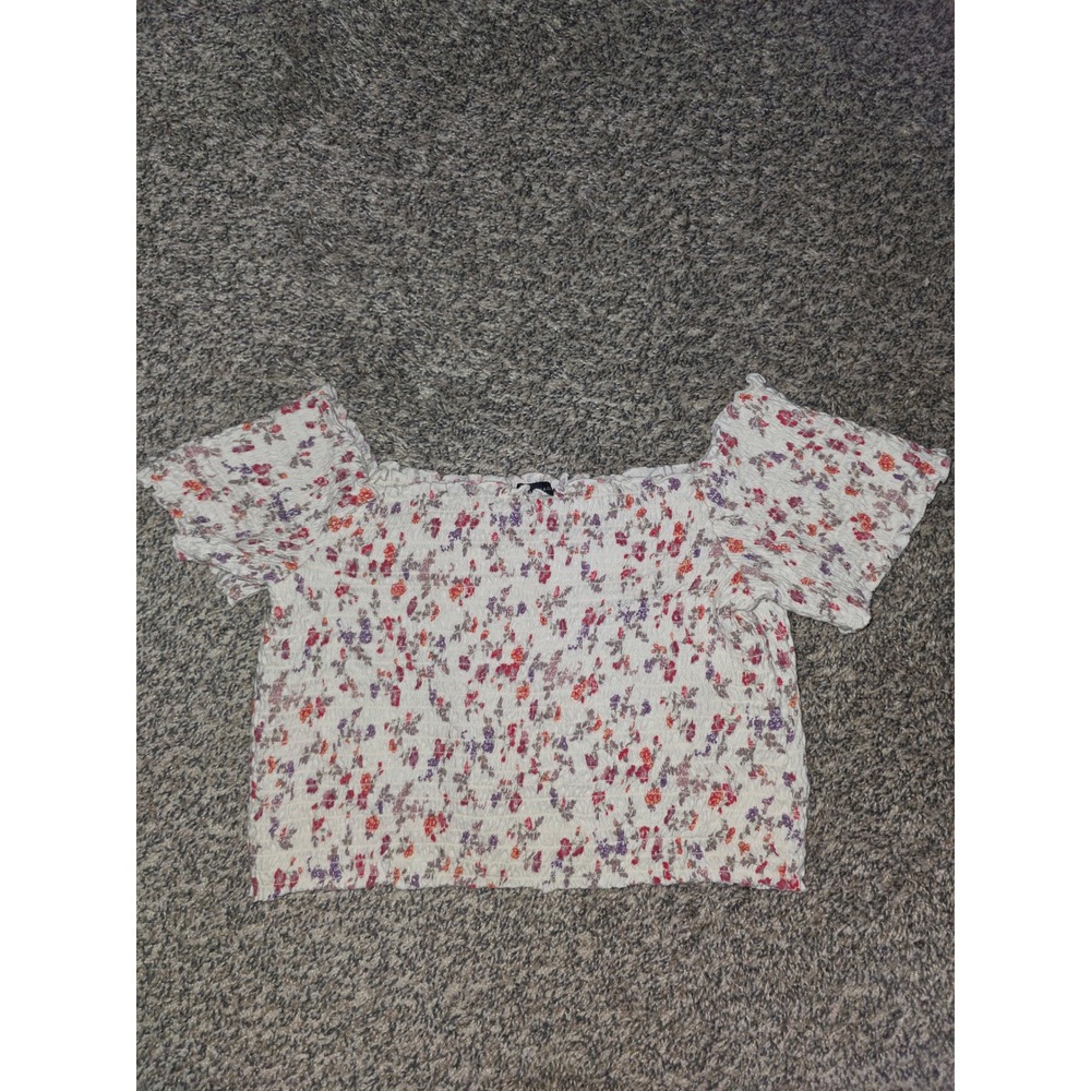 American Eagle Womens Smocked Crop Top Floral Off Shoulder Puff Sleeve White S